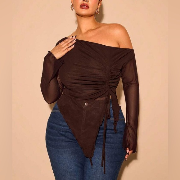 Sheer Brown Ruched Off-Shoulder Mesh Top with Asymmetrical Hem | Plus Size - Picture 1 of 9
